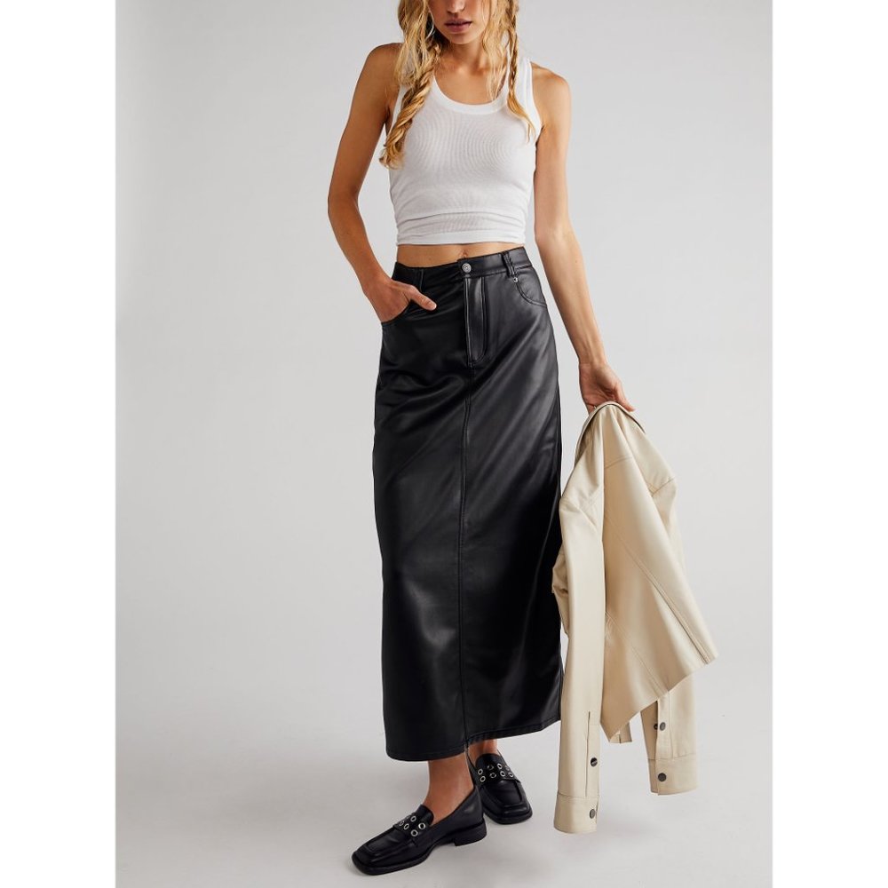 🎉LAST CHANCE🎉 FREE PEOPLE City Slicker Vegan Maxi Skirt / Black - Picture 3 of 7